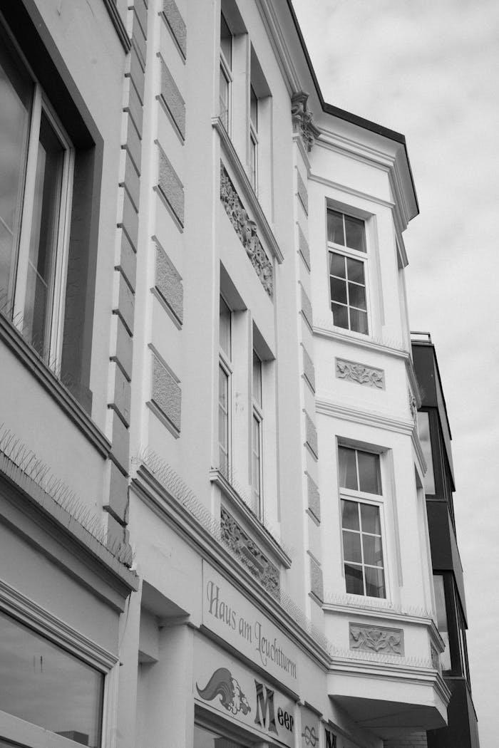 Elegant architectural facades captured in monochrome reflect Borkums urban charm.